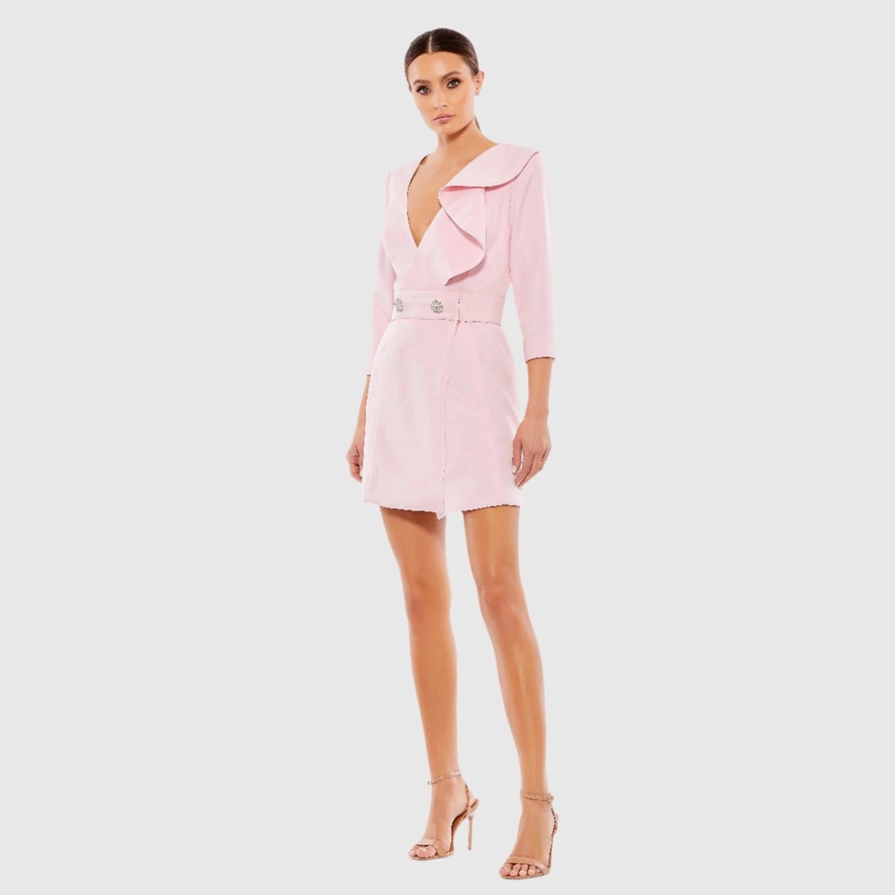 NWT $348 MAC DUGGAL Ruffled Faux Tuxedo Mini Dress PINK RUFFLE LONG SLEEVE 55692